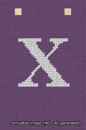 A simulated image of the stitched needlepoint design: Banner 13m Squared X White on Purple. Not A.I. generated.