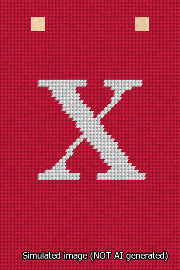 A simulated image of the stitched needlepoint design: Banner 13m Squared X White on Red. Not A.I. generated.