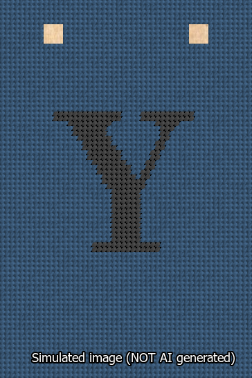 A simulated image of the stitched needlepoint design: Banner 13m Squared Y Black on Blue. Not A.I. generated.