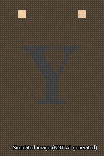 A simulated image of the stitched needlepoint design: Banner 13m Squared Y Black on Brown. Not A.I. generated.