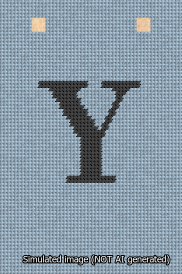 A simulated image of the stitched needlepoint design: Banner 13m Squared Y Black on Light Blue. Not A.I. generated.