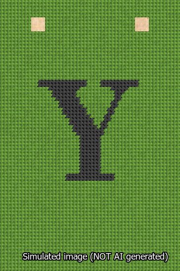 A simulated image of the stitched needlepoint design: Banner 13m Squared Y Black on Light Green. Not A.I. generated.