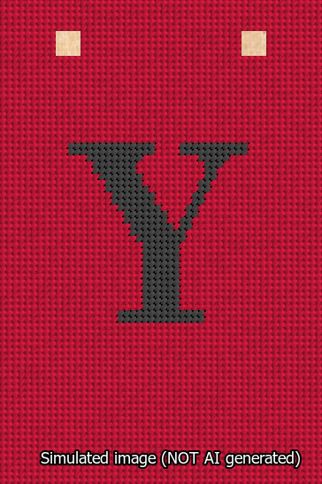 A simulated image of the stitched needlepoint design: Banner 13m Squared Y Black on Red. Not A.I. generated.