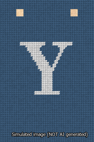 A simulated image of the stitched needlepoint design: Banner 13m Squared Y White on Blue. Not A.I. generated.