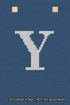 A simulated image of the stitched needlepoint design: Banner 13m Squared Y White on Blue. Not A.I. generated.