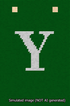 A simulated image of the stitched needlepoint design: Banner 13m Squared Y White on Green. Not A.I. generated.