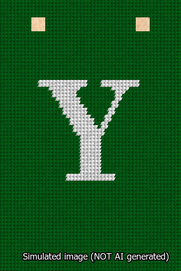 A simulated image of the stitched needlepoint design: Banner 13m Squared Y White on Green. Not A.I. generated.