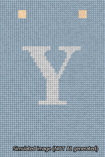 A simulated image of the stitched needlepoint design: Banner 13m Squared Y White on Light Blue. Not A.I. generated.
