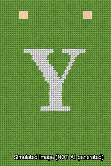 A simulated image of the stitched needlepoint design: Banner 13m Squared Y White on Light Green. Not A.I. generated.