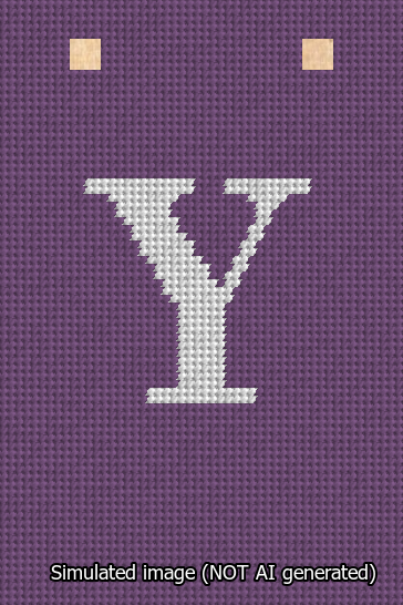 A simulated image of the stitched needlepoint design: Banner 13m Squared Y White on Purple. Not A.I. generated.