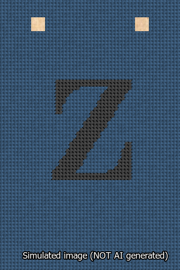 A simulated image of the stitched needlepoint design: Banner 13m Squared Z Black on Blue. Not A.I. generated.