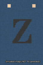 A simulated image of the stitched needlepoint design: Banner 13m Squared Z Black on Blue. Not A.I. generated.