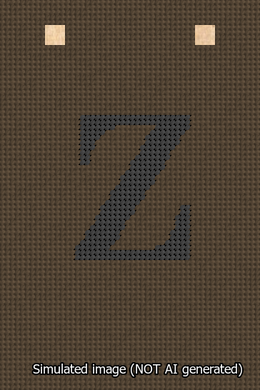 A simulated image of the stitched needlepoint design: Banner 13m Squared Z Black on Brown. Not A.I. generated.