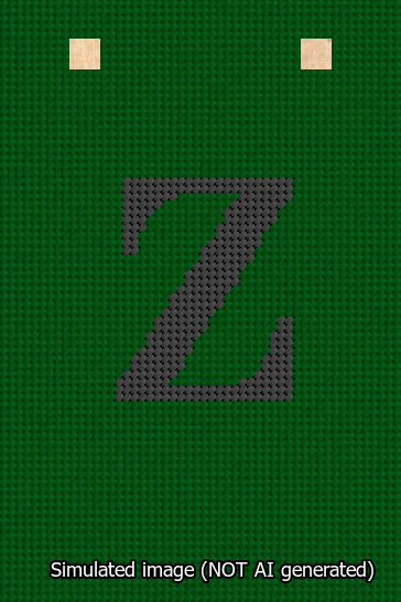 A simulated image of the stitched needlepoint design: Banner 13m Squared Z Black on Green. Not A.I. generated.