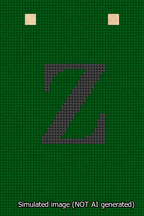 A simulated image of the stitched needlepoint design: Banner 13m Squared Z Black on Green. Not A.I. generated.