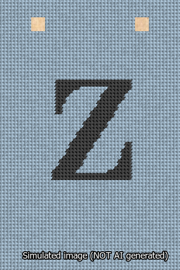 A simulated image of the stitched needlepoint design: Banner 13m Squared Z Black on Light Blue. Not A.I. generated.