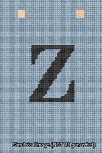 A simulated image of the stitched needlepoint design: Banner 13m Squared Z Black on Light Blue. Not A.I. generated.