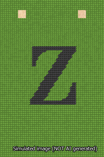 A simulated image of the stitched needlepoint design: Banner 13m Squared Z Black on Light Green. Not A.I. generated.