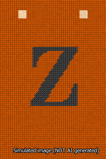A simulated image of the stitched needlepoint design: Banner 13m Squared Z Black on Orange. Not A.I. generated.