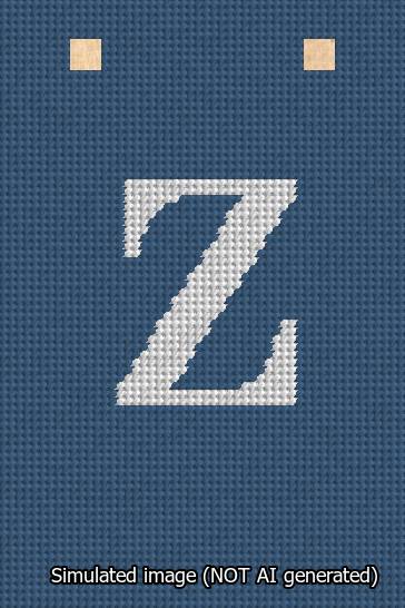 A simulated image of the stitched needlepoint design: Banner 13m Squared Z White on Blue. Not A.I. generated.