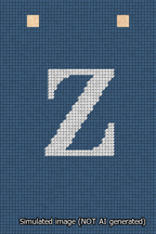 A simulated image of the stitched needlepoint design: Banner 13m Squared Z White on Blue. Not A.I. generated.