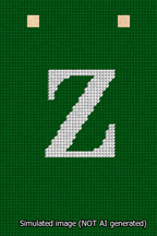 A simulated image of the stitched needlepoint design: Banner 13m Squared Z White on Green. Not A.I. generated.