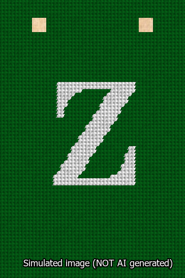 A simulated image of the stitched needlepoint design: Banner 13m Squared Z White on Green. Not A.I. generated.