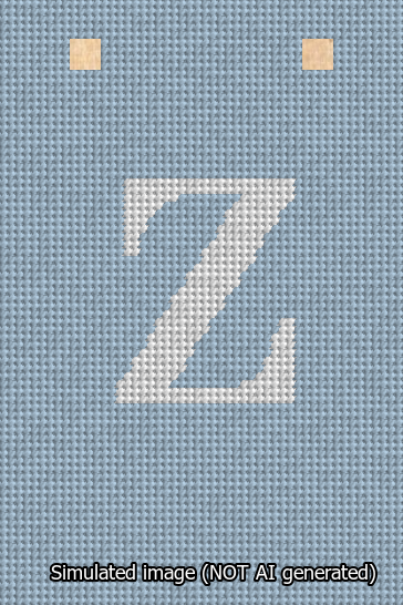 A simulated image of the stitched needlepoint design: Banner 13m Squared Z White on Light Blue. Not A.I. generated.