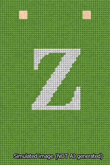 A simulated image of the stitched needlepoint design: Banner 13m Squared Z White on Light Green. Not A.I. generated.