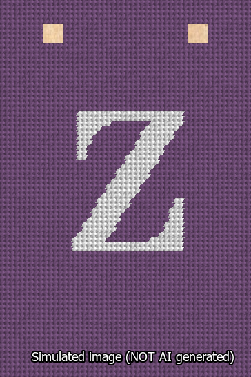 A simulated image of the stitched needlepoint design: Banner 13m Squared Z White on Purple. Not A.I. generated.