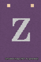 A simulated image of the stitched needlepoint design: Banner 13m Squared Z White on Purple. Not A.I. generated.