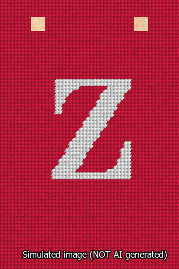 A simulated image of the stitched needlepoint design: Banner 13m Squared Z White on Red. Not A.I. generated.