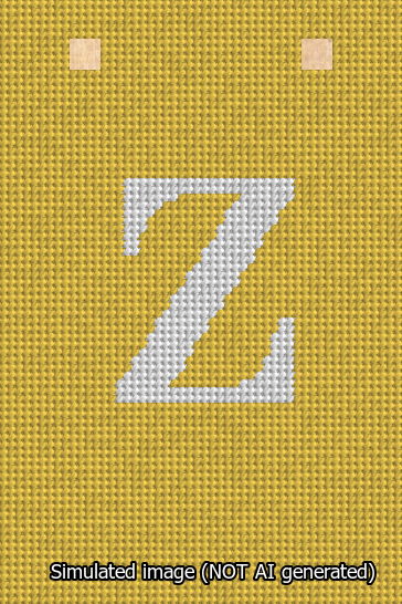 A simulated image of the stitched needlepoint design: Banner 13m Squared Z White on Yellow. Not A.I. generated.