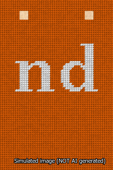 A simulated image of the stitched needlepoint design: Banner 13m Squared nd White on Orange. Not A.I. generated.