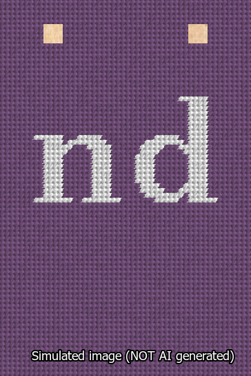 A simulated image of the stitched needlepoint design: Banner 13m Squared nd White on Purple. Not A.I. generated.