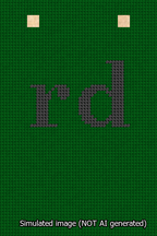A simulated image of the stitched needlepoint design: Banner 13m Squared rd Black on Green. Not A.I. generated.