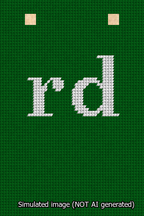 A simulated image of the stitched needlepoint design: Banner 13m Squared rd White on Green. Not A.I. generated.