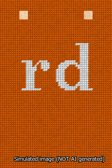 A simulated image of the stitched needlepoint design: Banner 13m Squared rd White on Orange. Not A.I. generated.