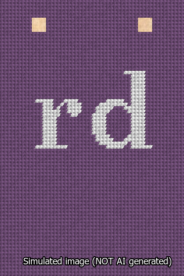A simulated image of the stitched needlepoint design: Banner 13m Squared rd White on Purple. Not A.I. generated.