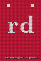 A simulated image of the stitched needlepoint design: Banner 13m Squared rd White on Red. Not A.I. generated.