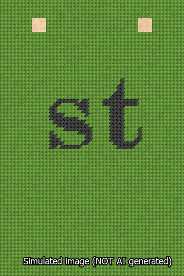 A simulated image of the stitched needlepoint design: Banner 13m Squared st Black on Light Green. Not A.I. generated.