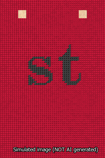 A simulated image of the stitched needlepoint design: Banner 13m Squared st Black on Red. Not A.I. generated.