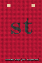 A simulated image of the stitched needlepoint design: Banner 13m Squared st Black on Red. Not A.I. generated.