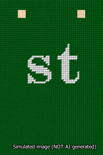 A simulated image of the stitched needlepoint design: Banner 13m Squared st White on Green. Not A.I. generated.