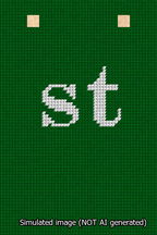 A simulated image of the stitched needlepoint design: Banner 13m Squared st White on Green. Not A.I. generated.