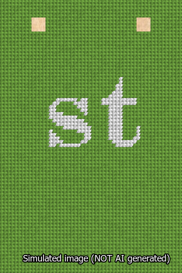 A simulated image of the stitched needlepoint design: Banner 13m Squared st White on Light Green. Not A.I. generated.