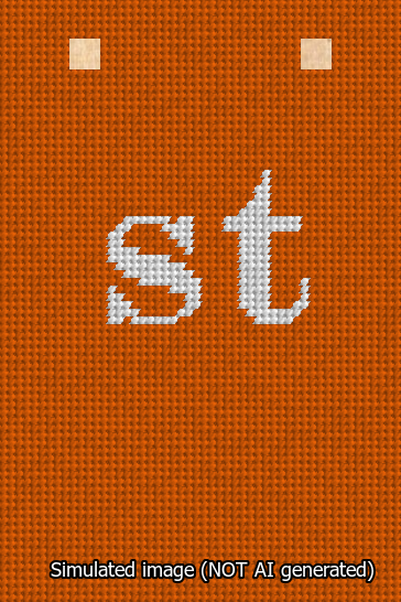 A simulated image of the stitched needlepoint design: Banner 13m Squared st White on Orange. Not A.I. generated.