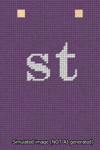 A simulated image of the stitched needlepoint design: Banner 13m Squared st White on Purple. Not A.I. generated.