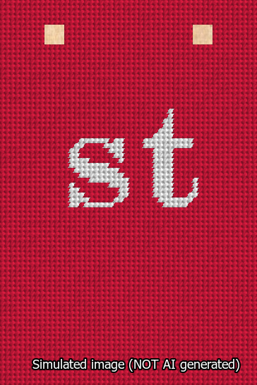 A simulated image of the stitched needlepoint design: Banner 13m Squared st White on Red. Not A.I. generated.