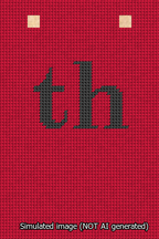 A simulated image of the stitched needlepoint design: Banner 13m Squared th Black on Red. Not A.I. generated.